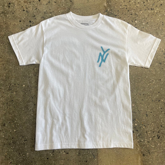 Fuzzy Hand Drawn Style NY Logo, Light blue print on white shirt, front left chest, small logo.