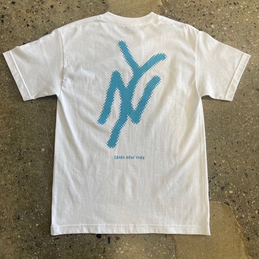 Rear of shirt, large hand drawn style logo, light blue on white shirt, 5boro new york under large logo