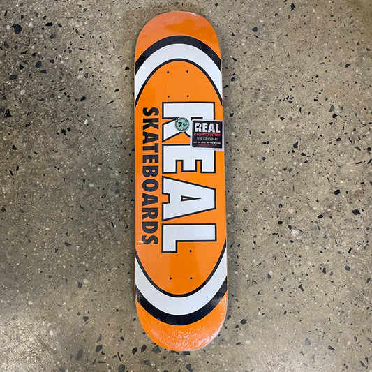 black and white classic logo on orange skate deck (colors may vary)