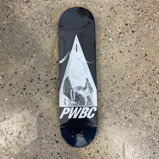 white abstract design on black skate deck