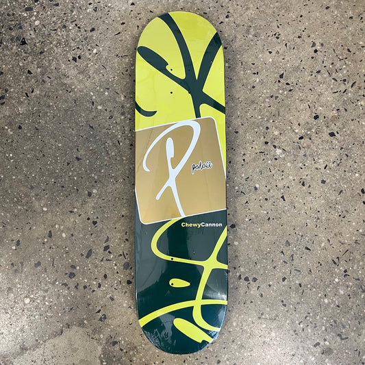 yellow and black abstract design on skate deck