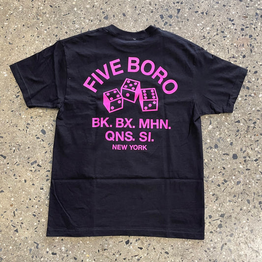 Large logo on back of t-shirt, Five Boro with three dice logo underneath, with BK., BX., MHN., QNS., SI., NEW YORK written on the botton line. Back print, pink ink, black t-shirt