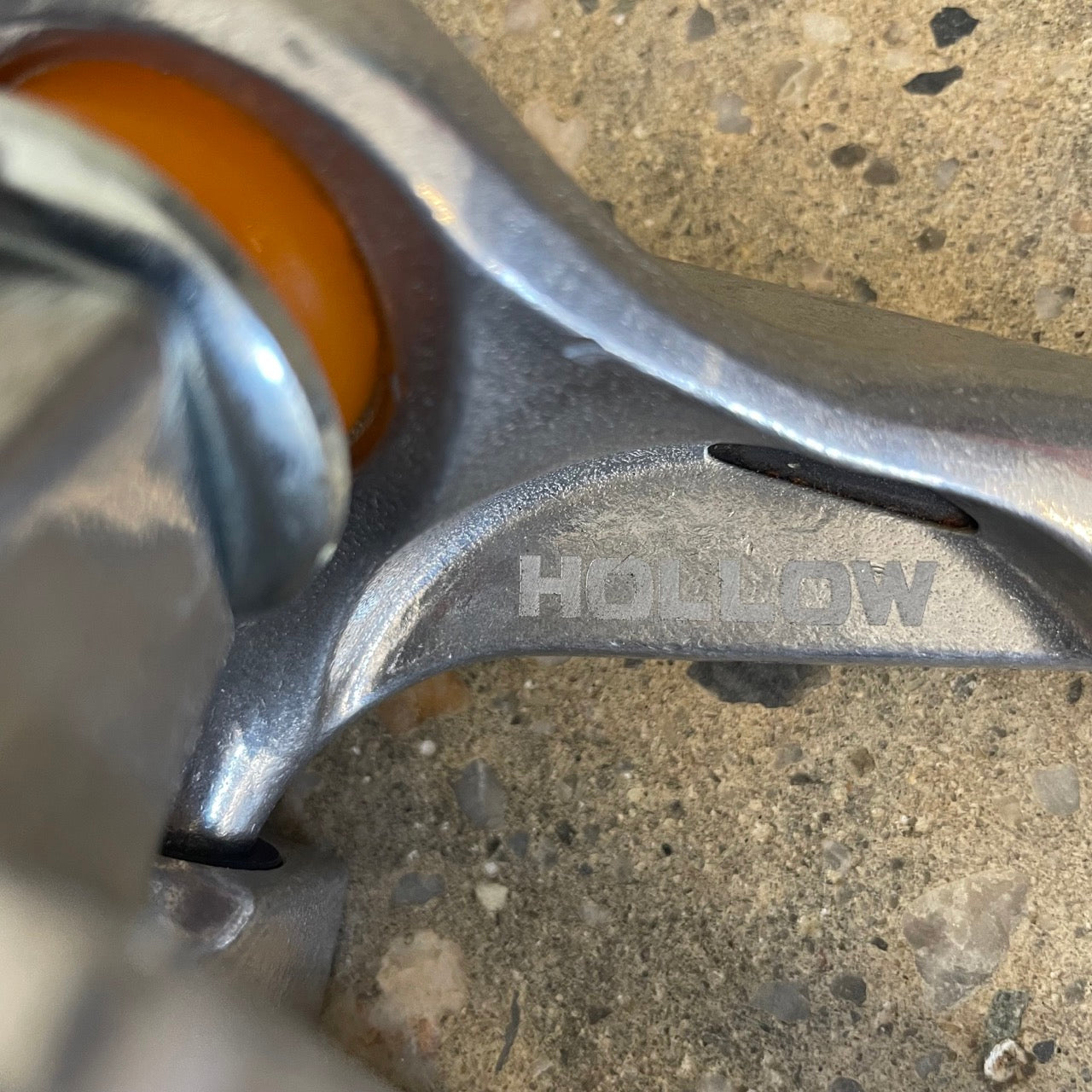 closeup of Hollow logo on skate truck