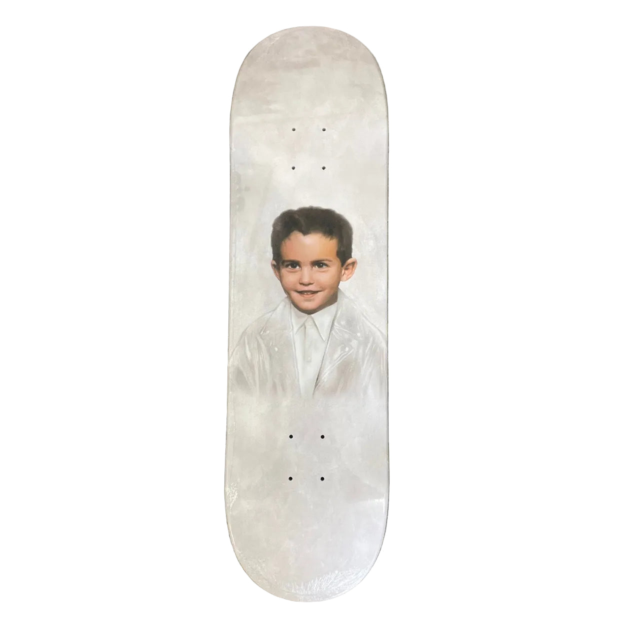 white skateboard deck with a painted portrait of dylan rieder