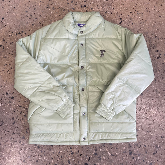 jade button down puffer jacket, front view