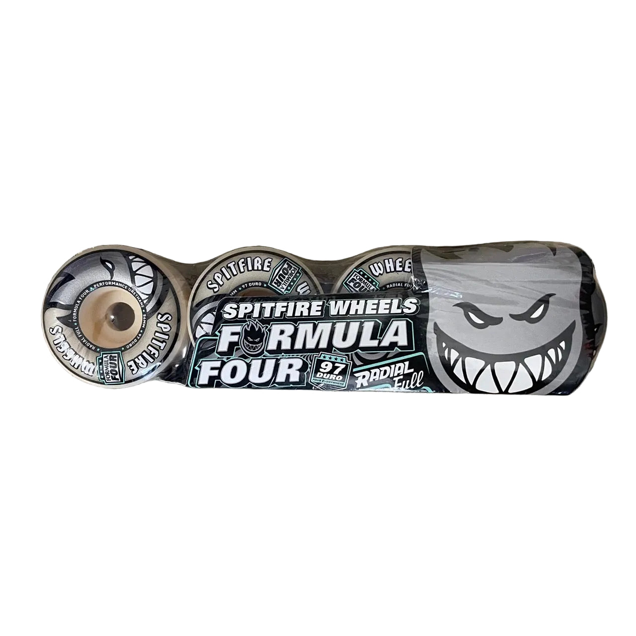 A set of Spitfire Formula Four Radial Full Wheels 97D for skateboards, displayed on a white surface.