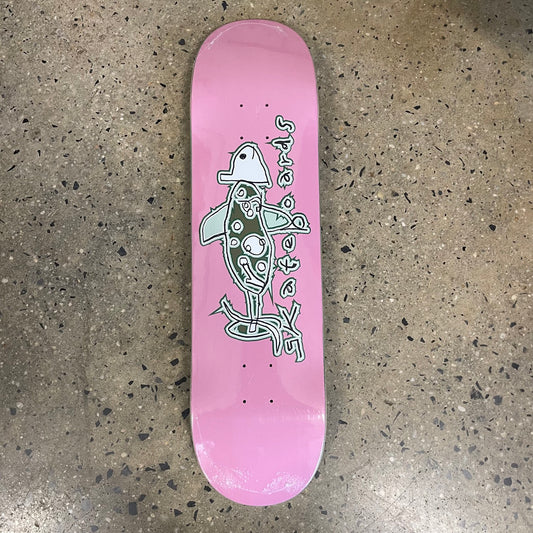 green and white fish graphic on pink skate deck