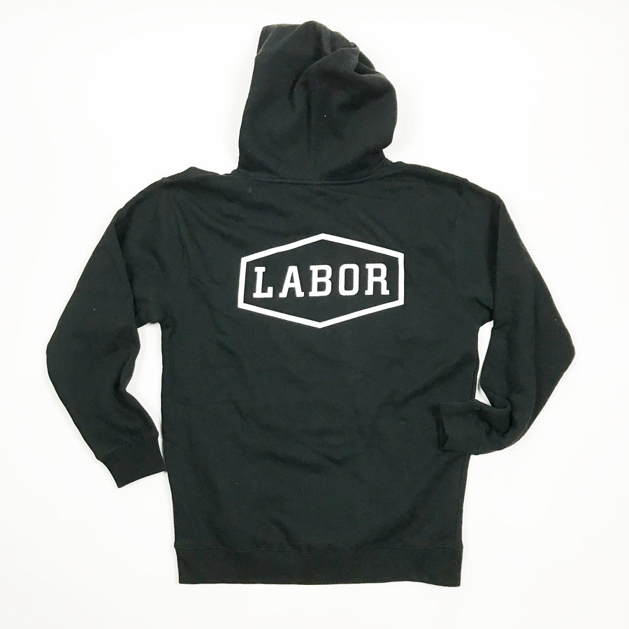 back view of crest logo hood feom labor skateshop