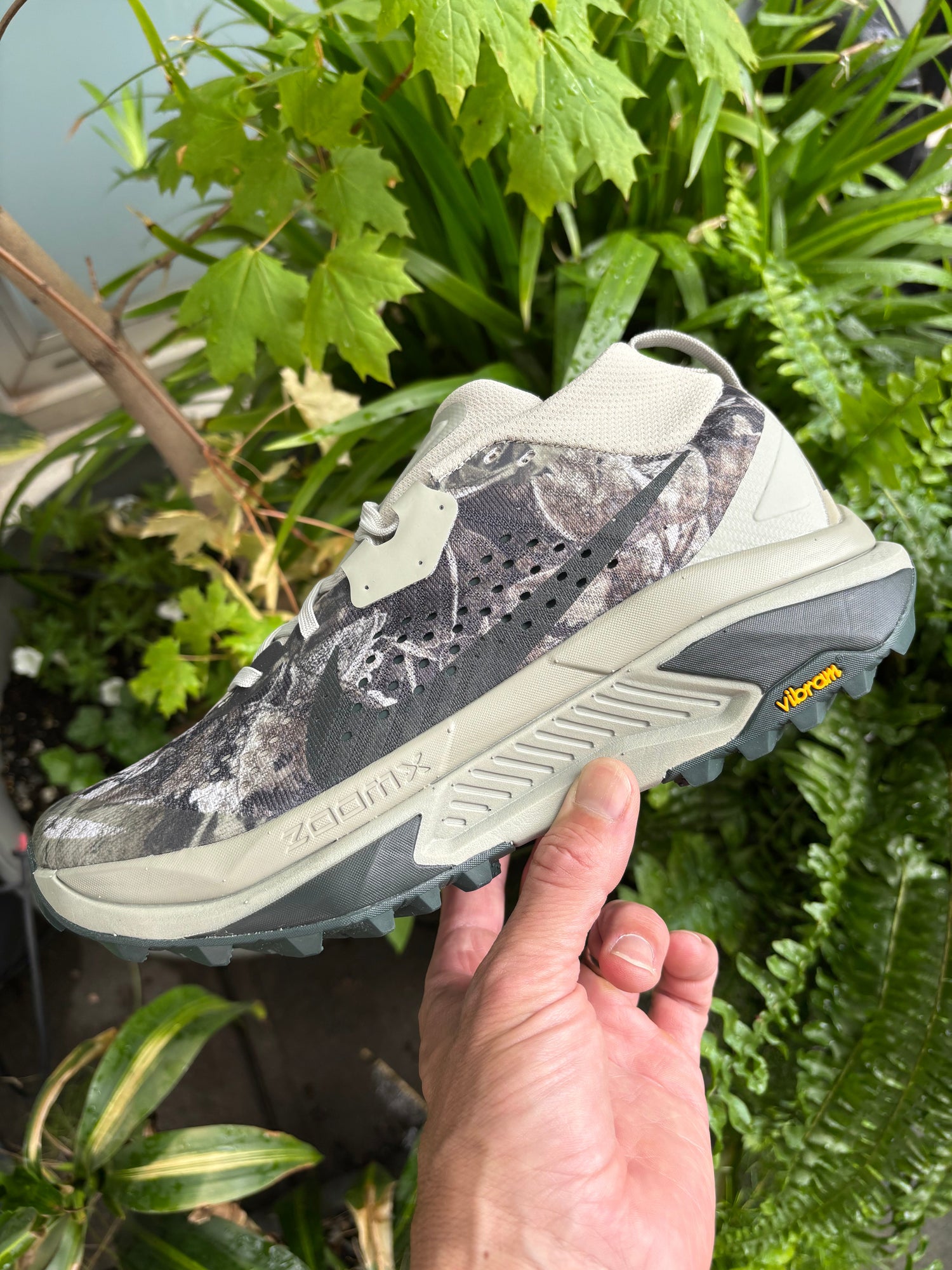 hand holding nike ACG shoe against a plant background