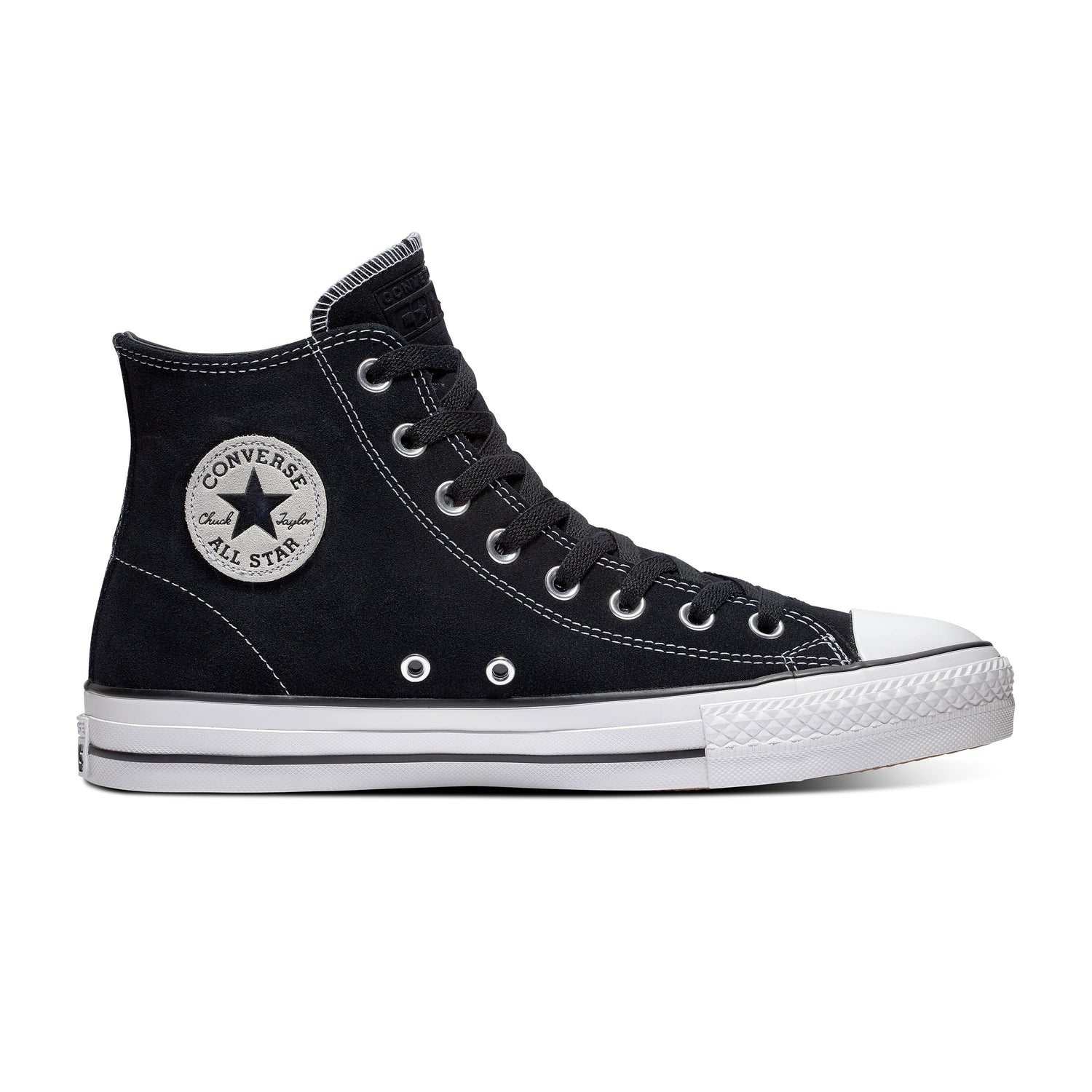 side view of black/white suede hi top chuck taylor skateboard sneaker