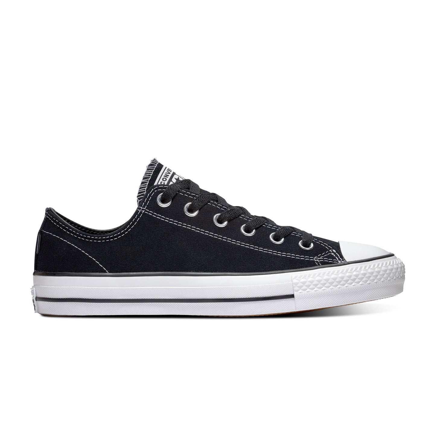 side view of black suede lowtop chuck taylor skateboard shoe, with white sole