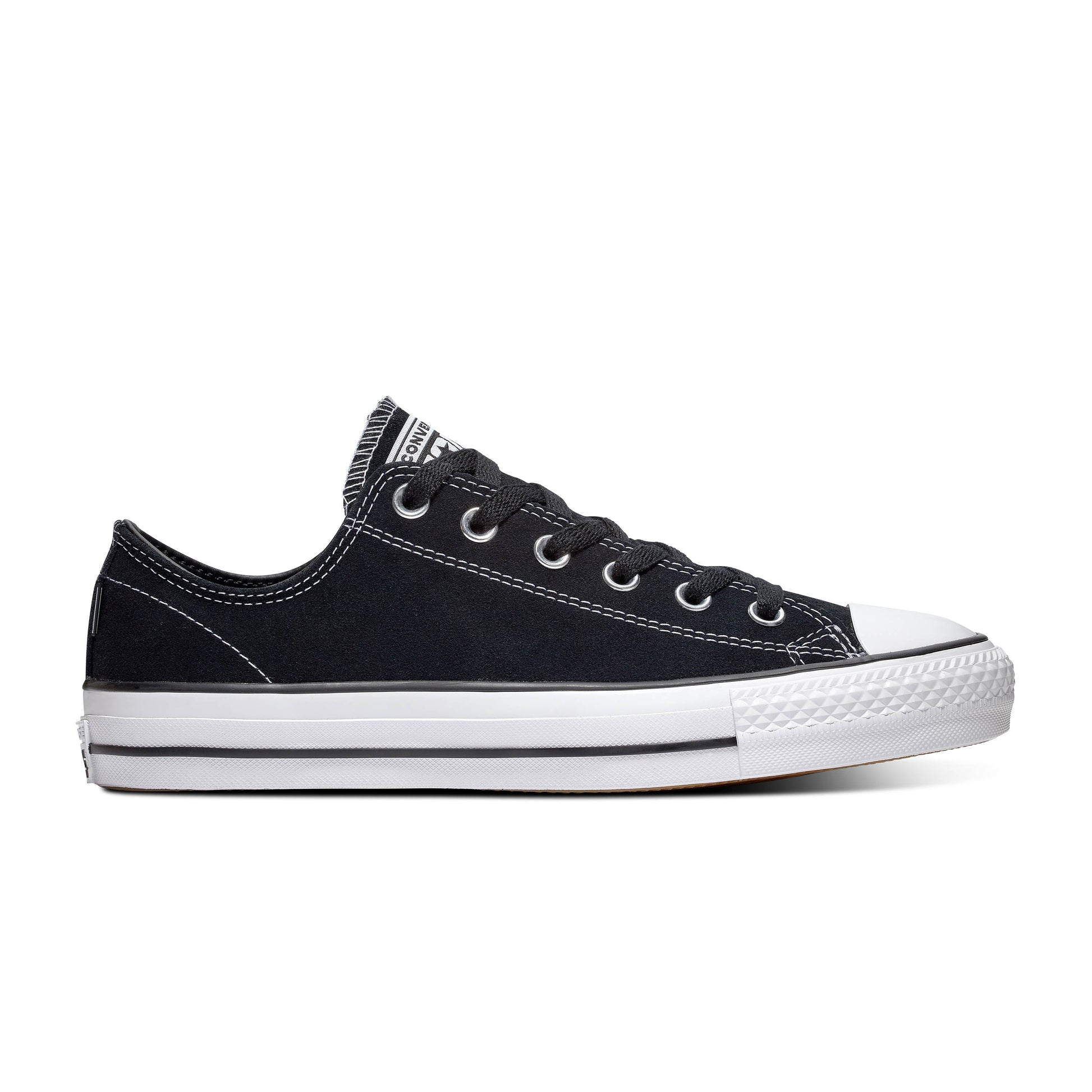 side view of black suede lowtop chuck taylor skateboard shoe, with white sole