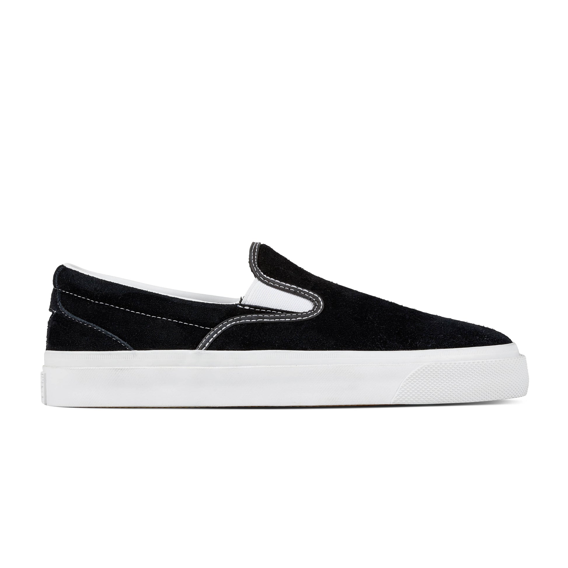 Side view of black suede upper slip on skateboard shoe