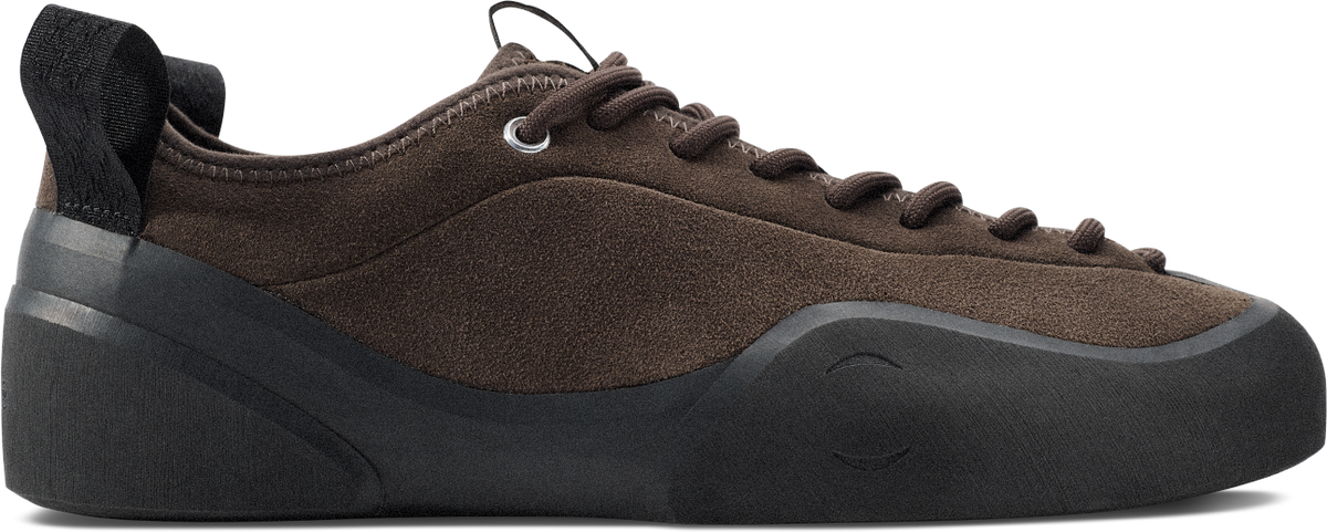 side view of brown suede climbing inspired skateboard shoe