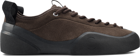 side view of brown suede climbing inspired skateboard shoe