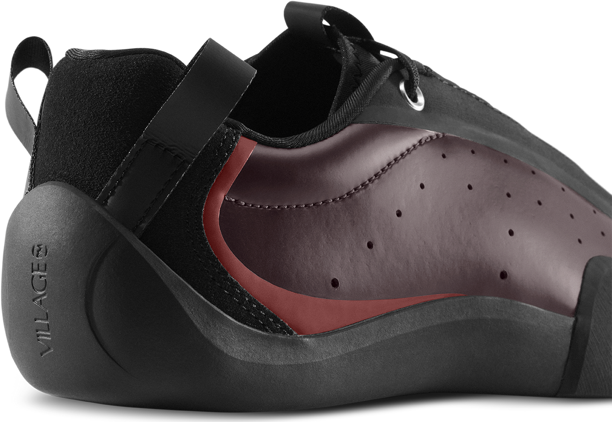 rear heel view of maroon leather skateboard shoe