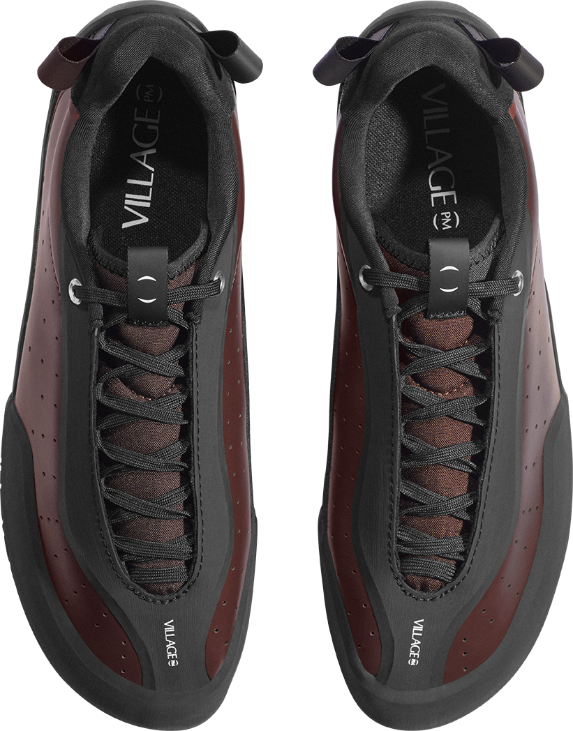 top down view of black/maroon climbing skate shoe