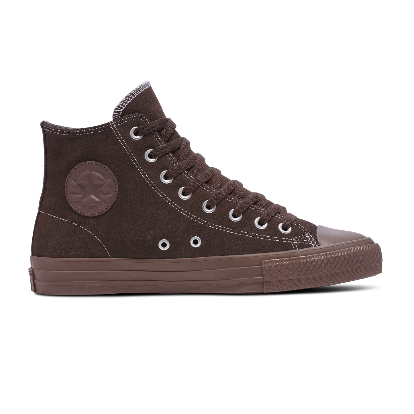 Side view of brown monotone suede hi top chuck taylor skateboard shoe