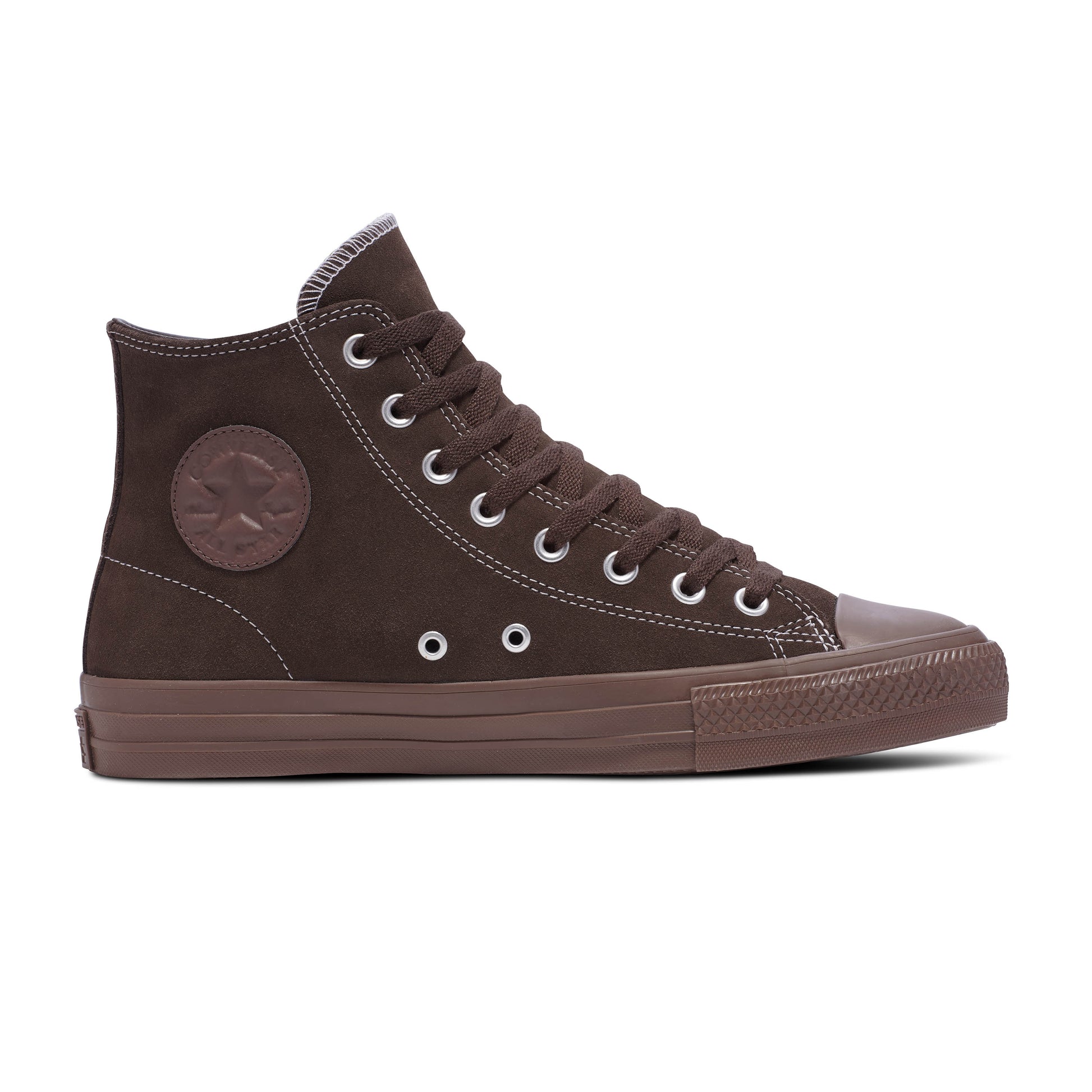 Side view of brown monotone suede hi top chuck taylor skateboard shoe