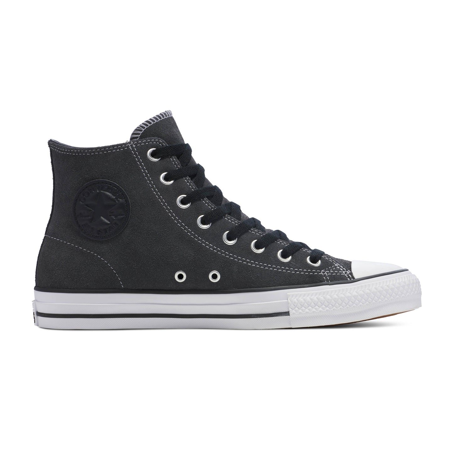 side view of grey suede hi top chuck taylor shoe with black cons chuck taylor logo