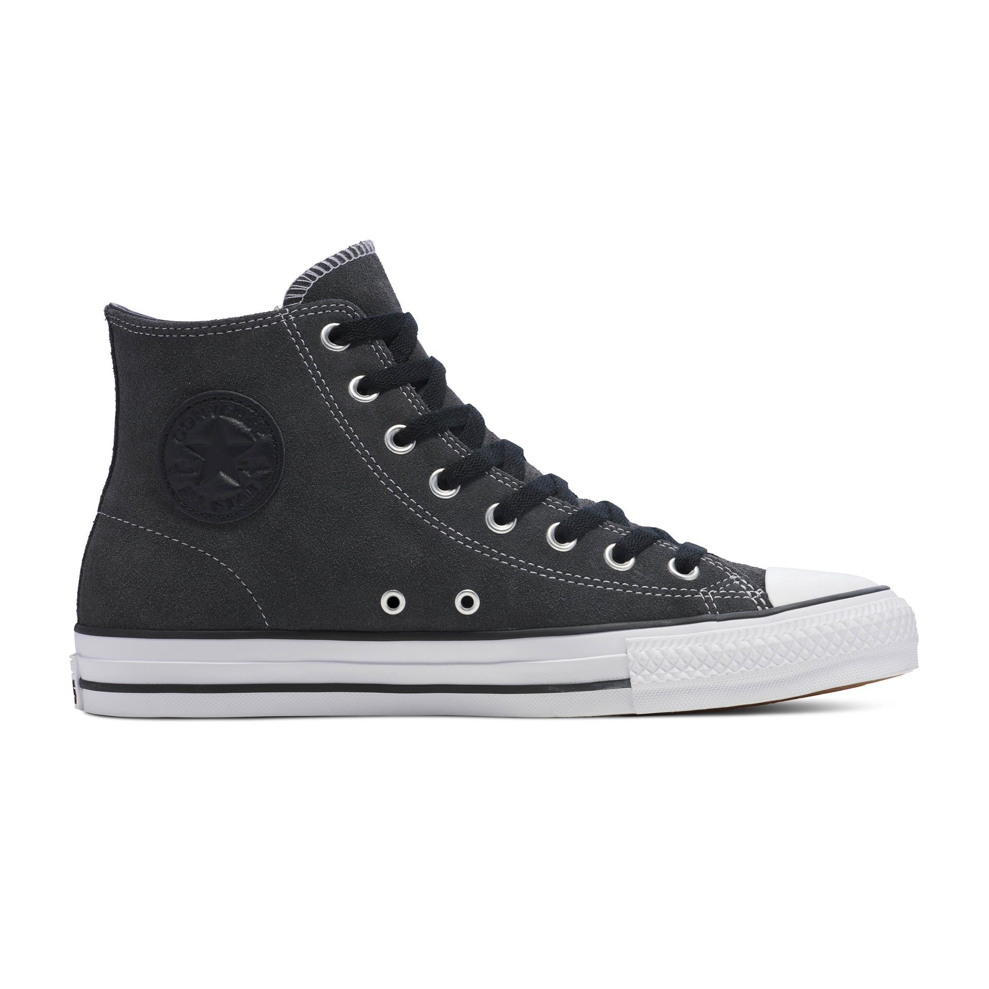 side view of grey suede hi top chuck taylor shoe with black cons chuck taylor logo