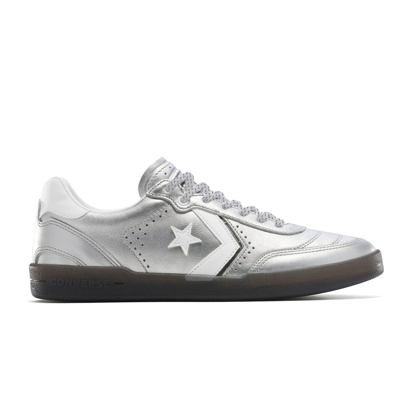 Side view of silver leather lowtop skateboard shoe with clear smoke colored sole