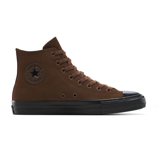 Brown high-top sneaker with black sole on a white background