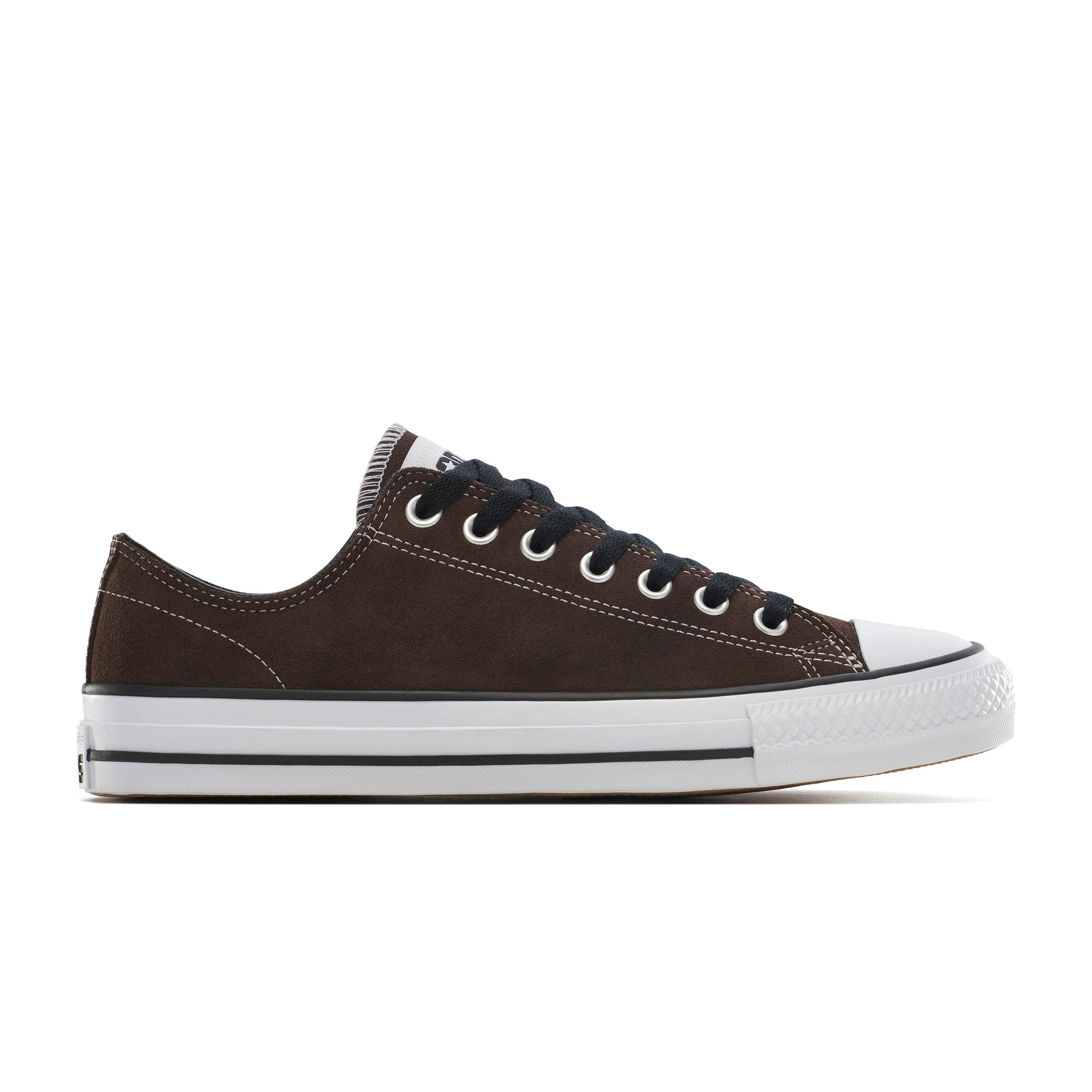 side view of brown suede low top skateboard shoe with white sole