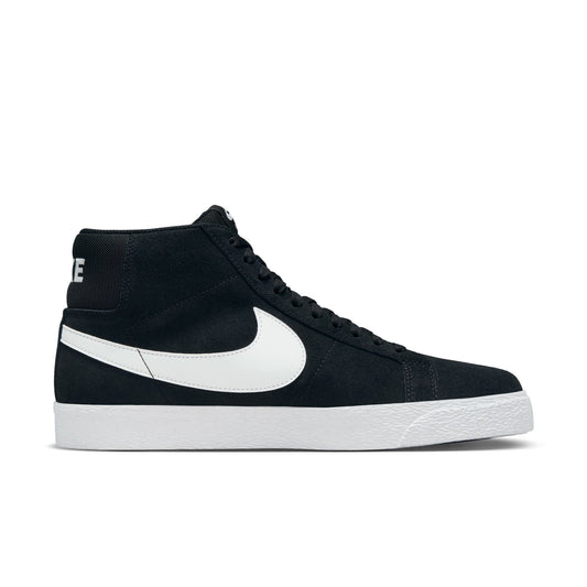 side view of black/white suede mid top skatebaord shoe
