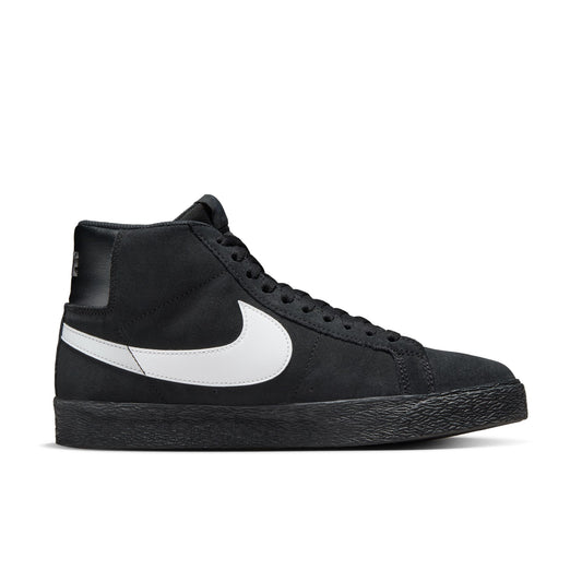 side view of black suede mid top skateboard sneaker with white nike swoosh and black sole