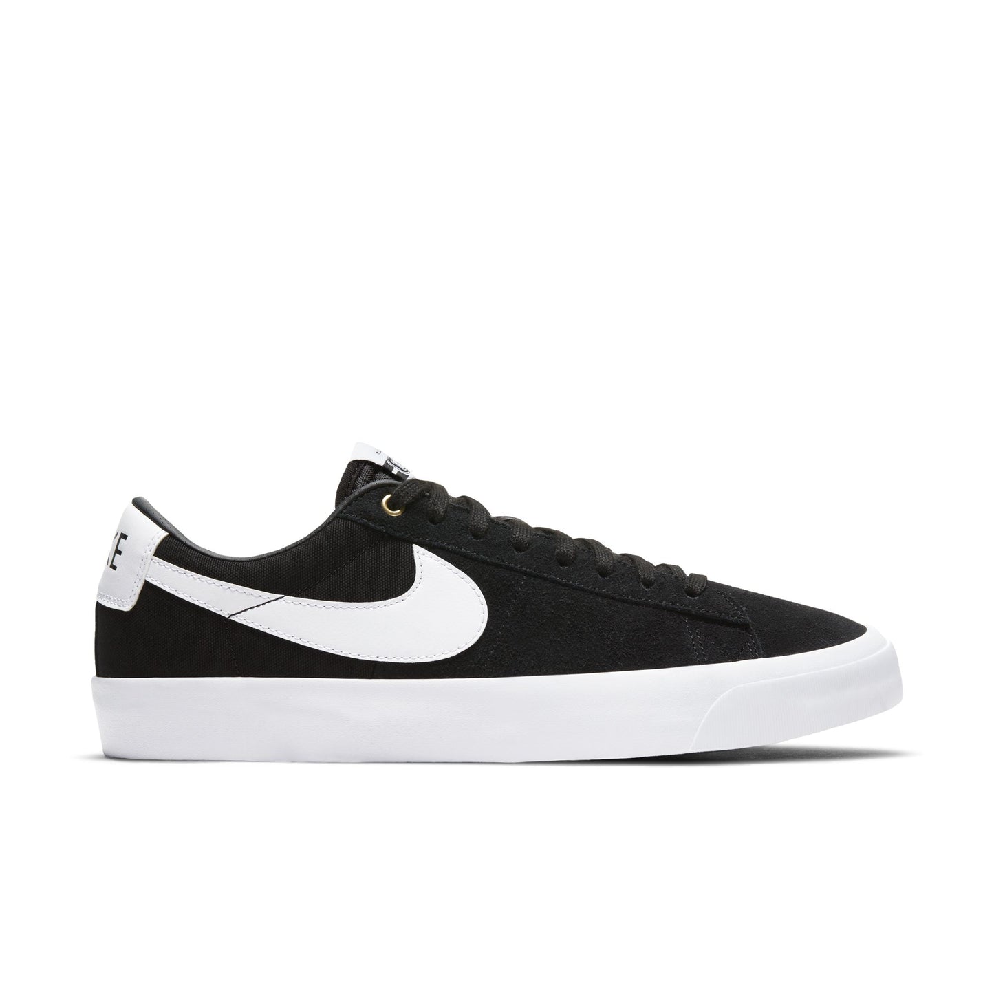 Black and white sneaker with a visible brand logo on a white background