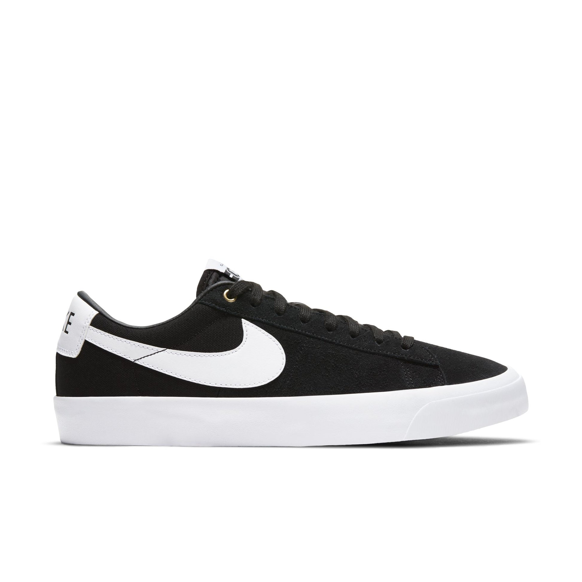 Black and white sneaker with a visible brand logo on a white background