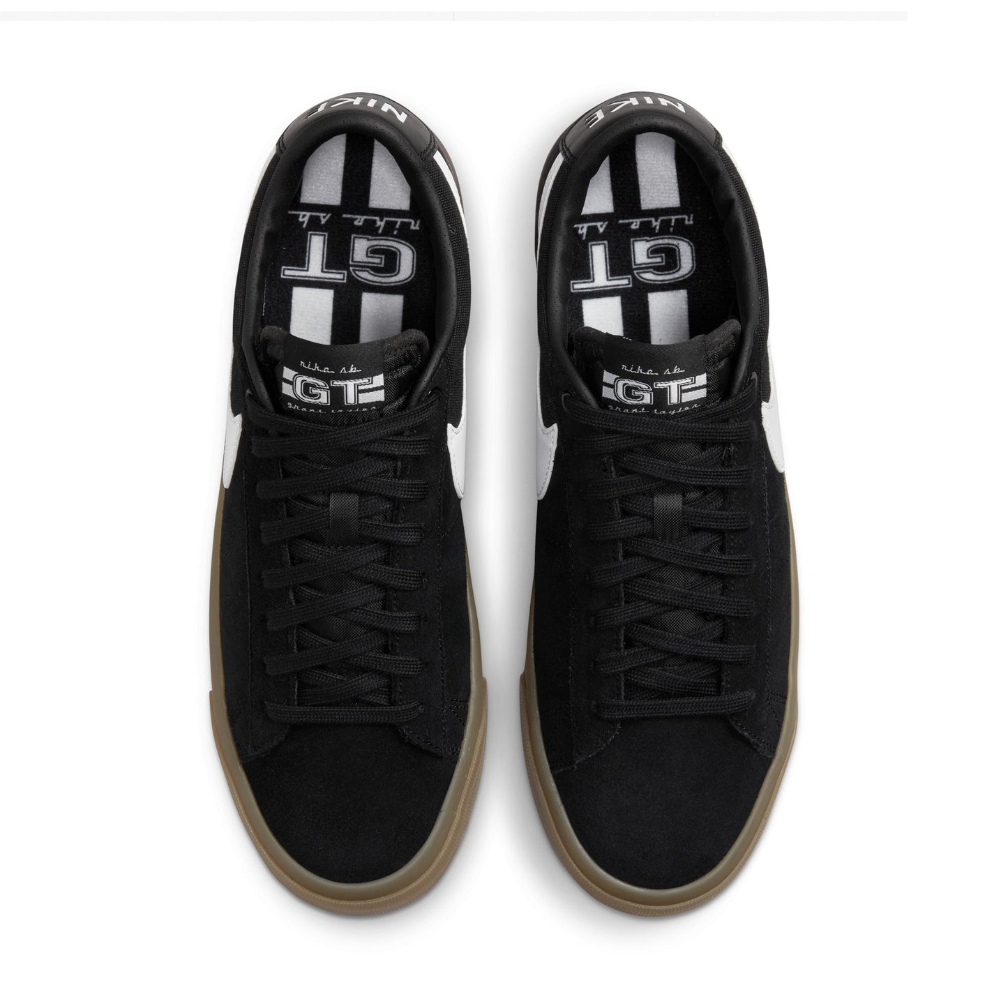 top down view of black/white and gum sneaker