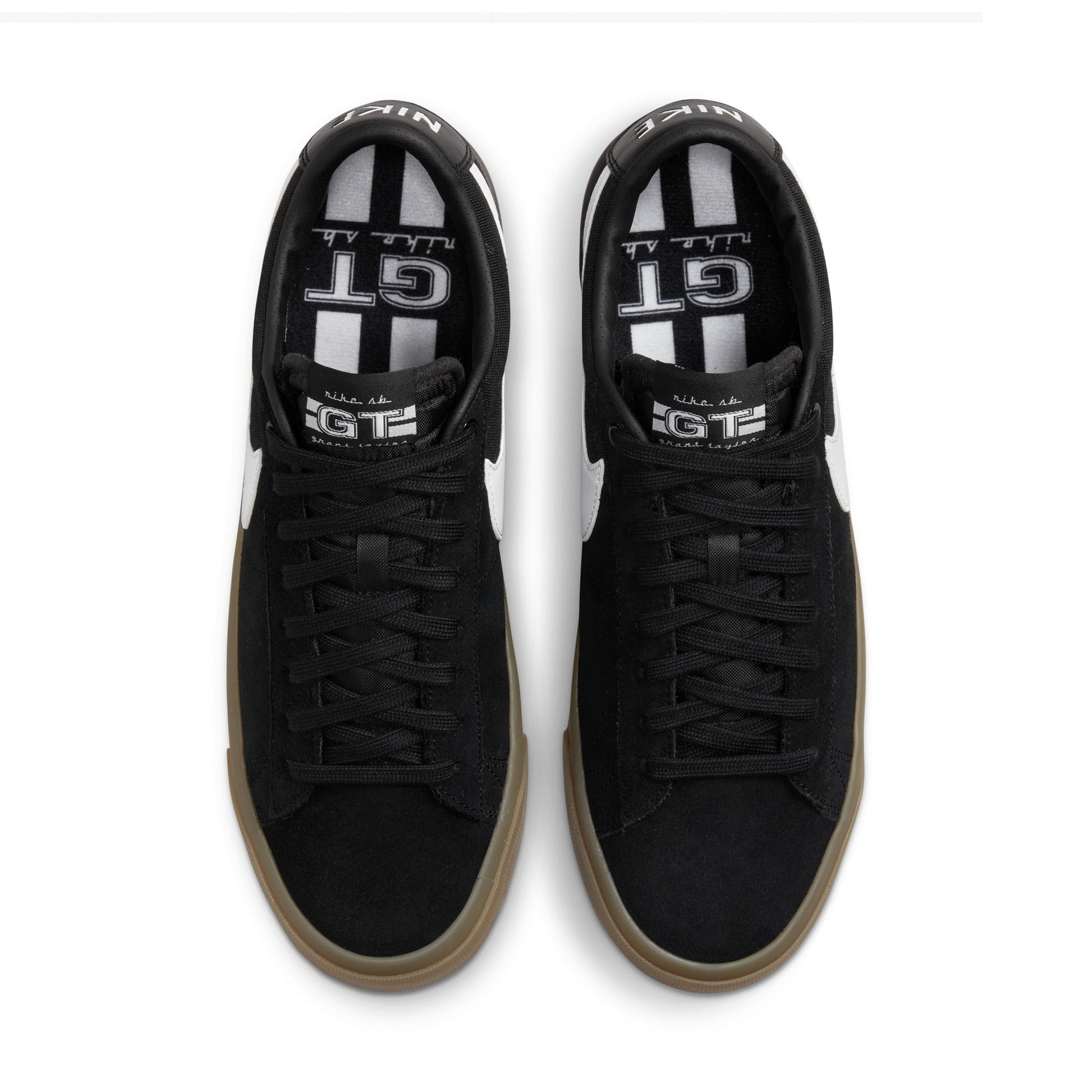 top down view of black/white and gum sneaker
