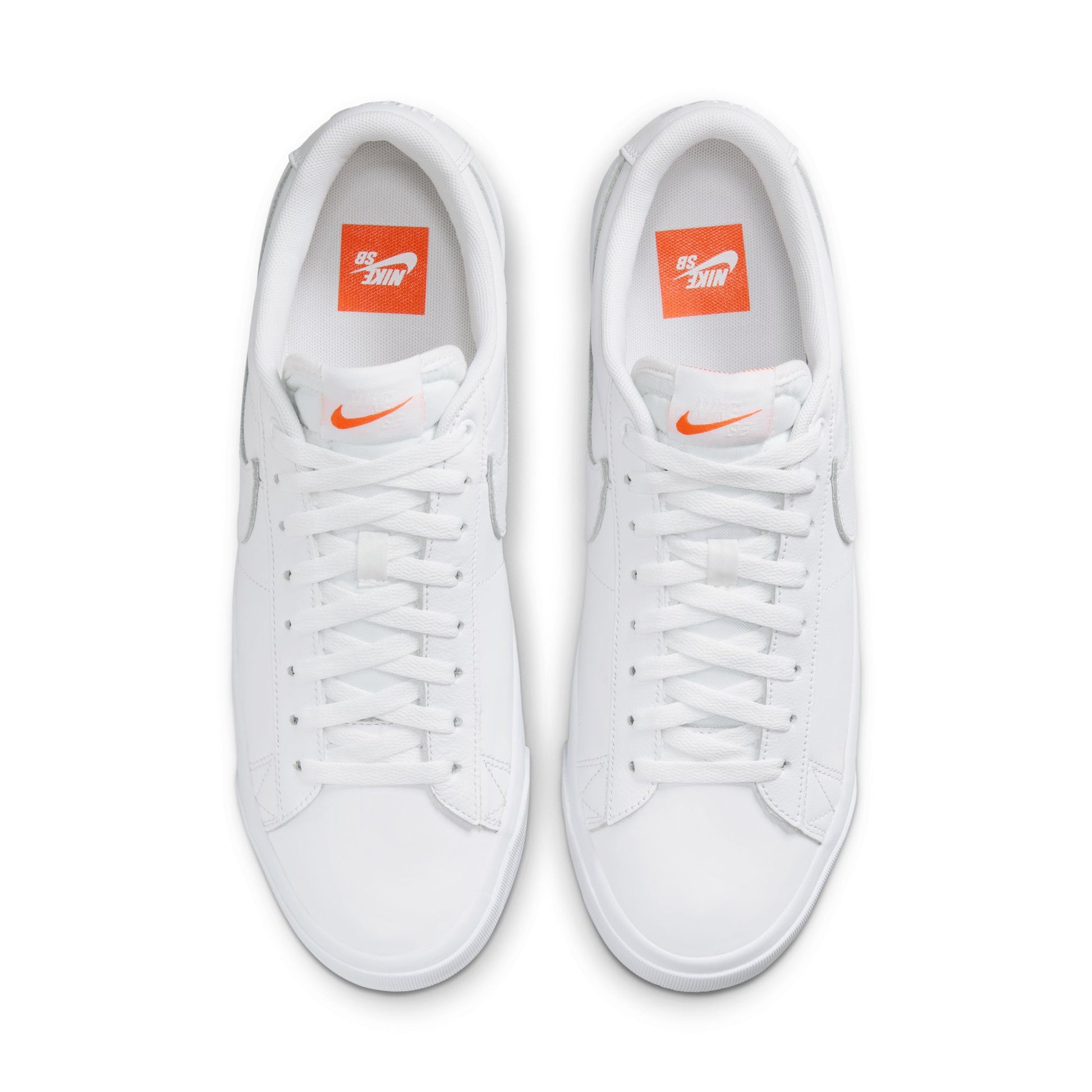 Top down view of white to the floor leather skateboard shoe with white sole.