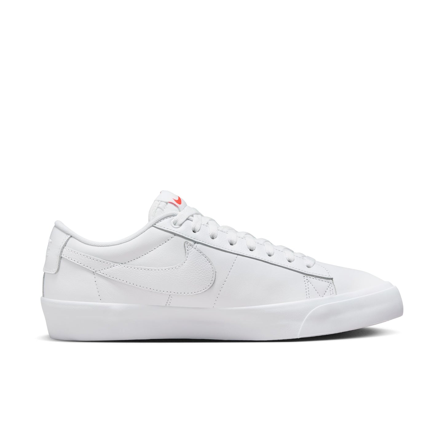side view of white to the floor leather skateboard shoe with white sole.
