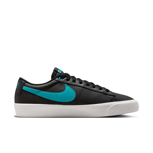 side view of black leather shoe with light blue swoosh