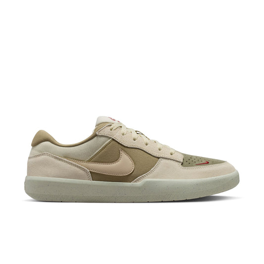 Beige sneaker with a logo on a white background