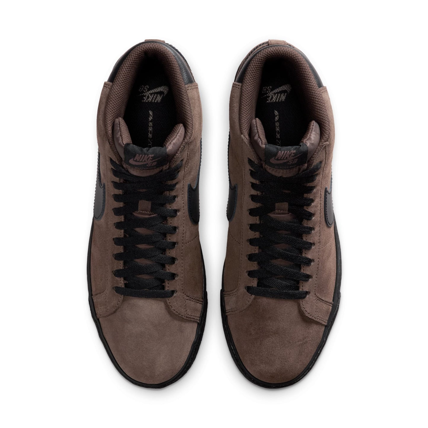 Pair of brown high-top sneakers with black laces on a white background
