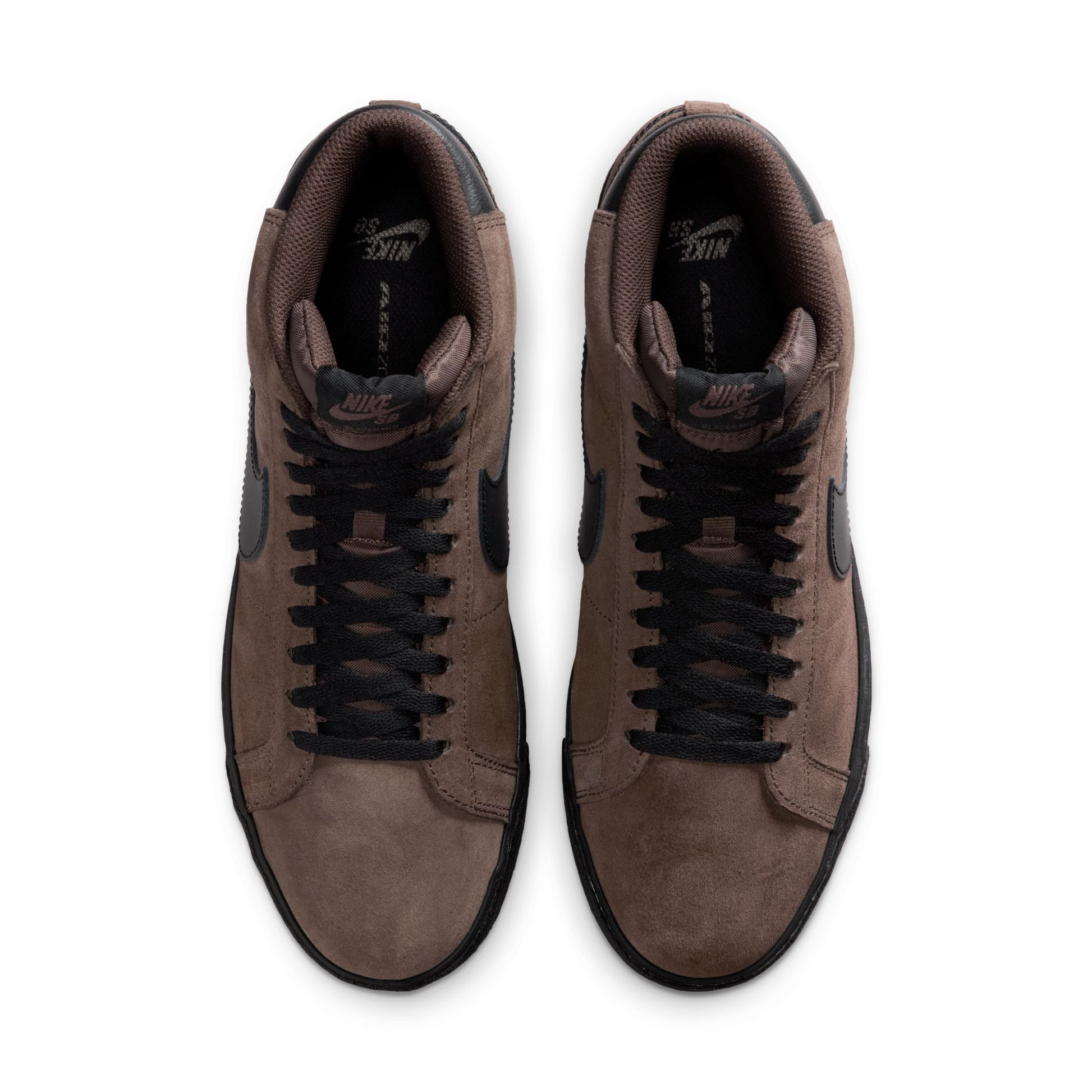 Pair of brown high-top sneakers with black laces on a white background