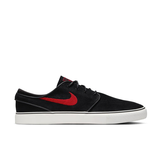 Black sneaker with a red swoosh logo on a white background
