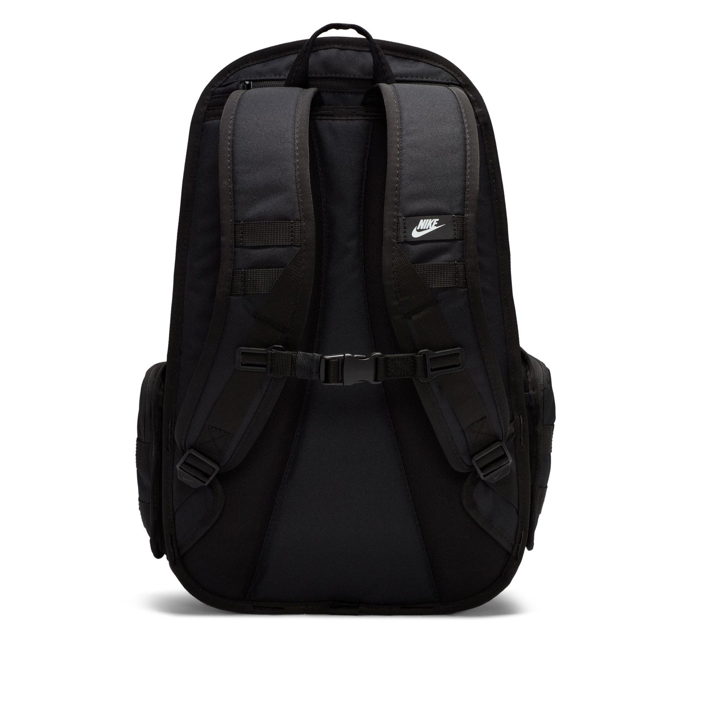 Black backpack with a visible brand logo on a white background