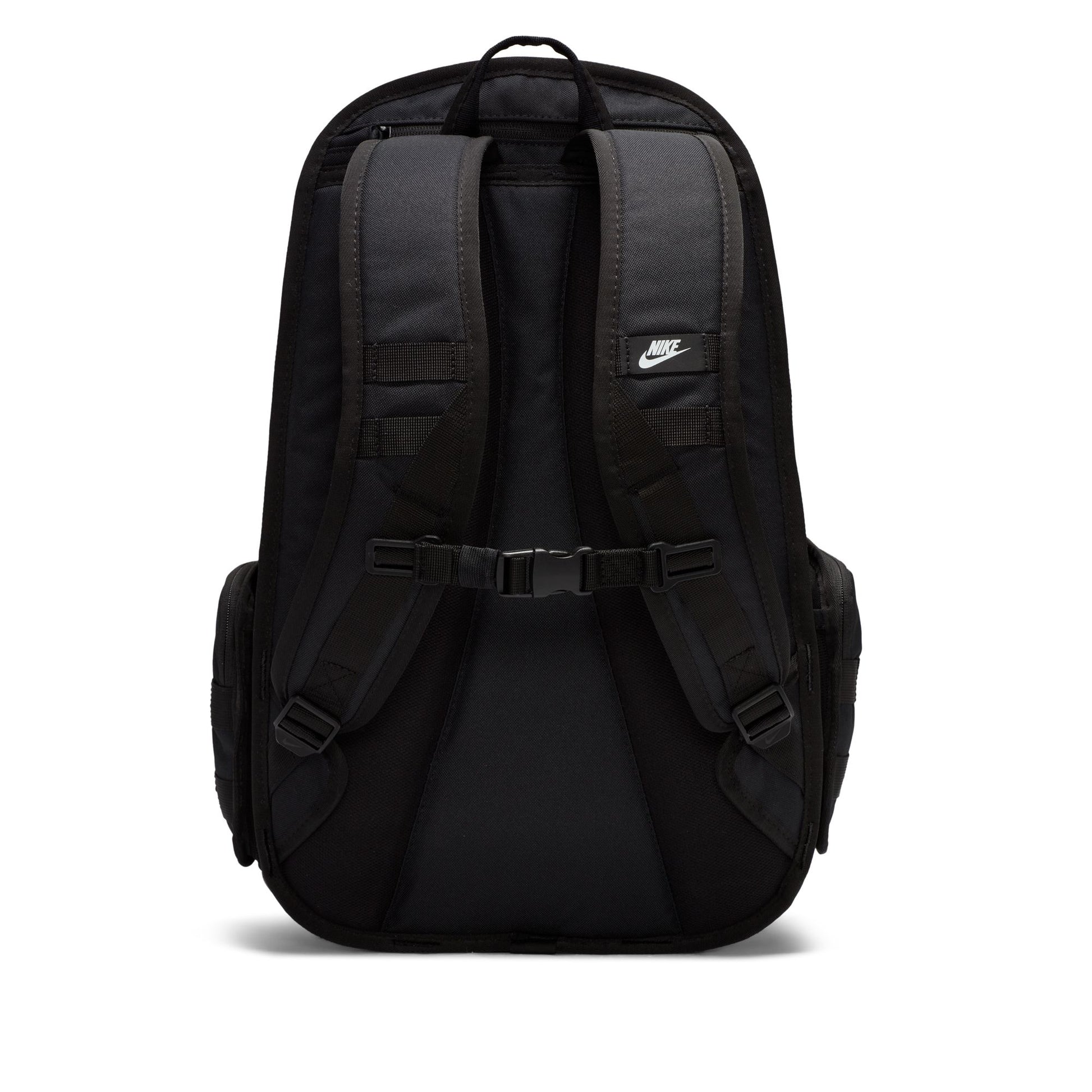 Black backpack with a visible brand logo on a white background