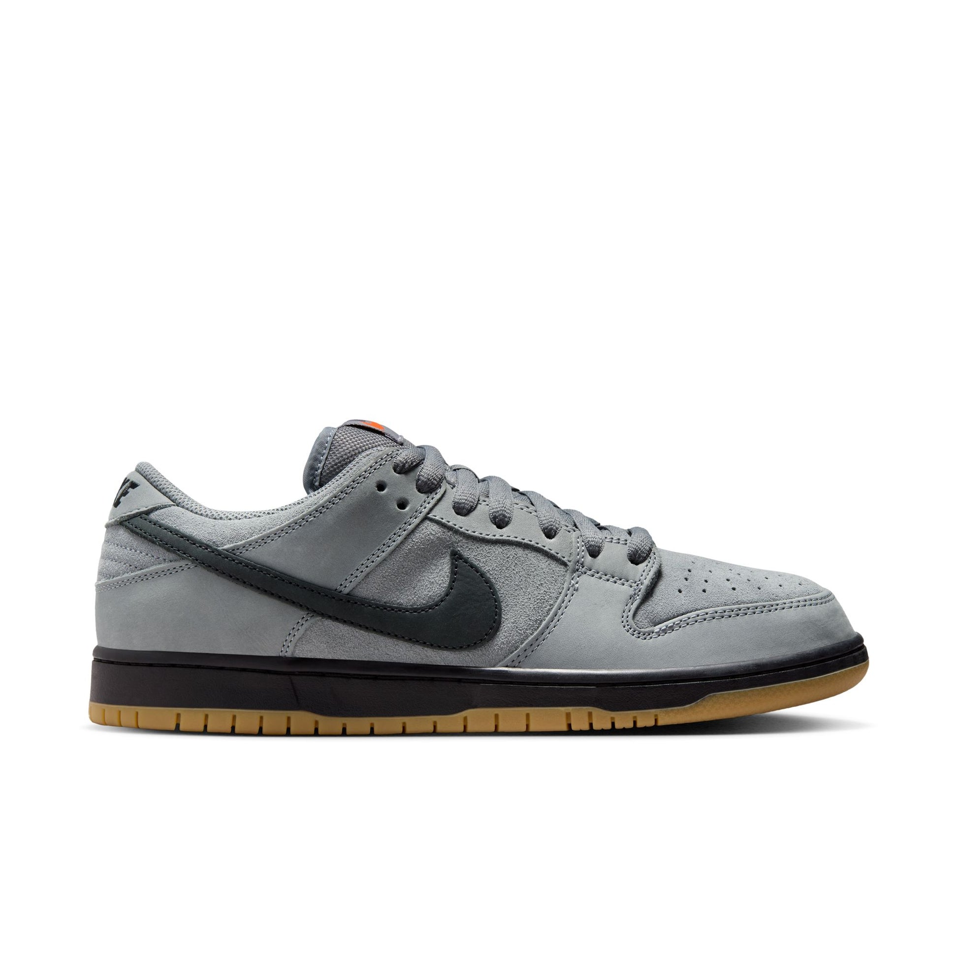 Gray sneaker with black swoosh logo on a white background