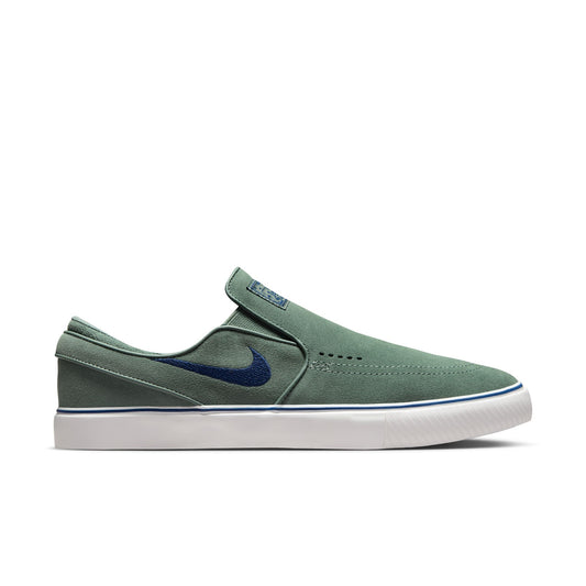 Green slip-on sneaker with a blue swoosh logo on a white background