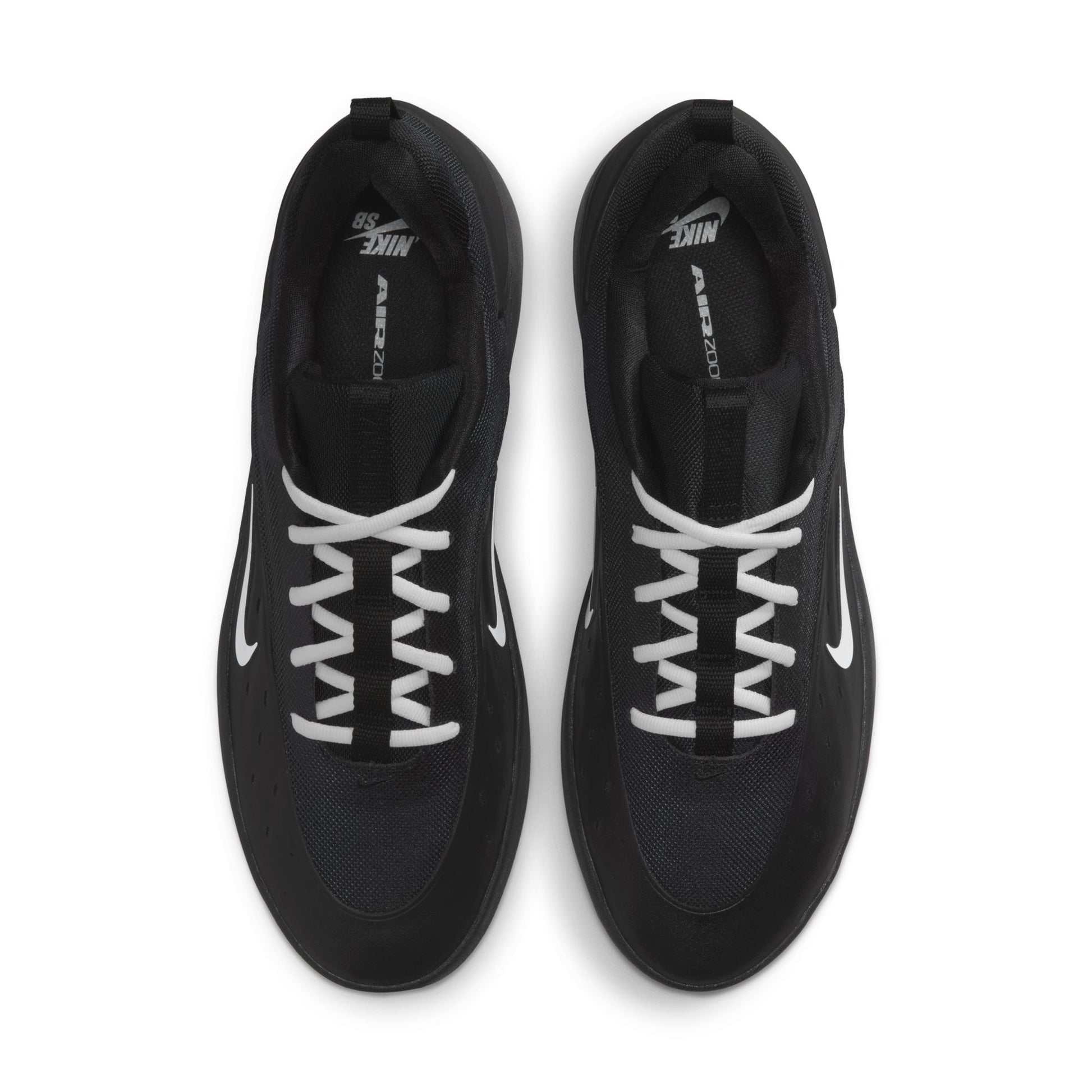 Black Nike sneakers with white laces on a white background