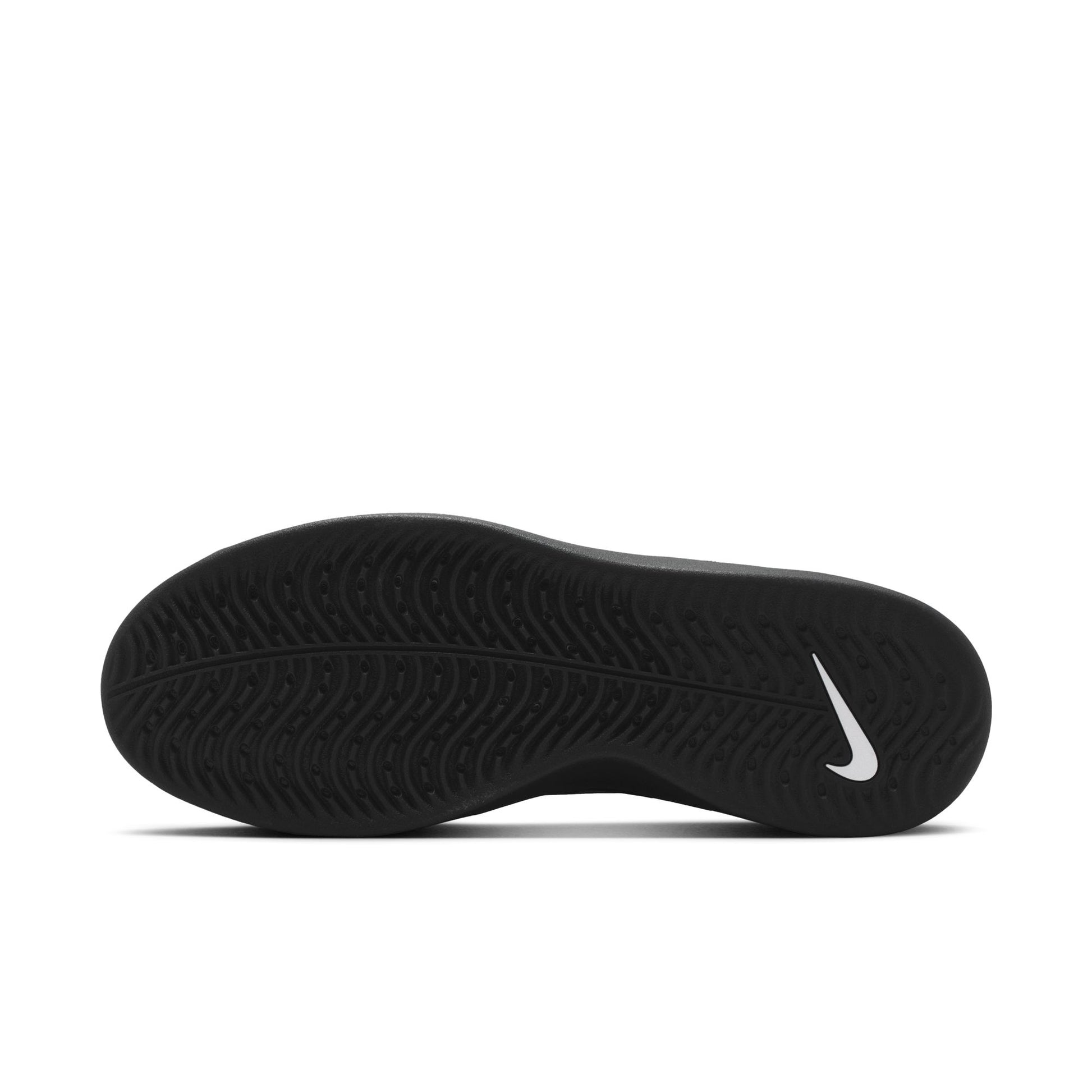 Black sneaker sole with a white nike logo on a white background