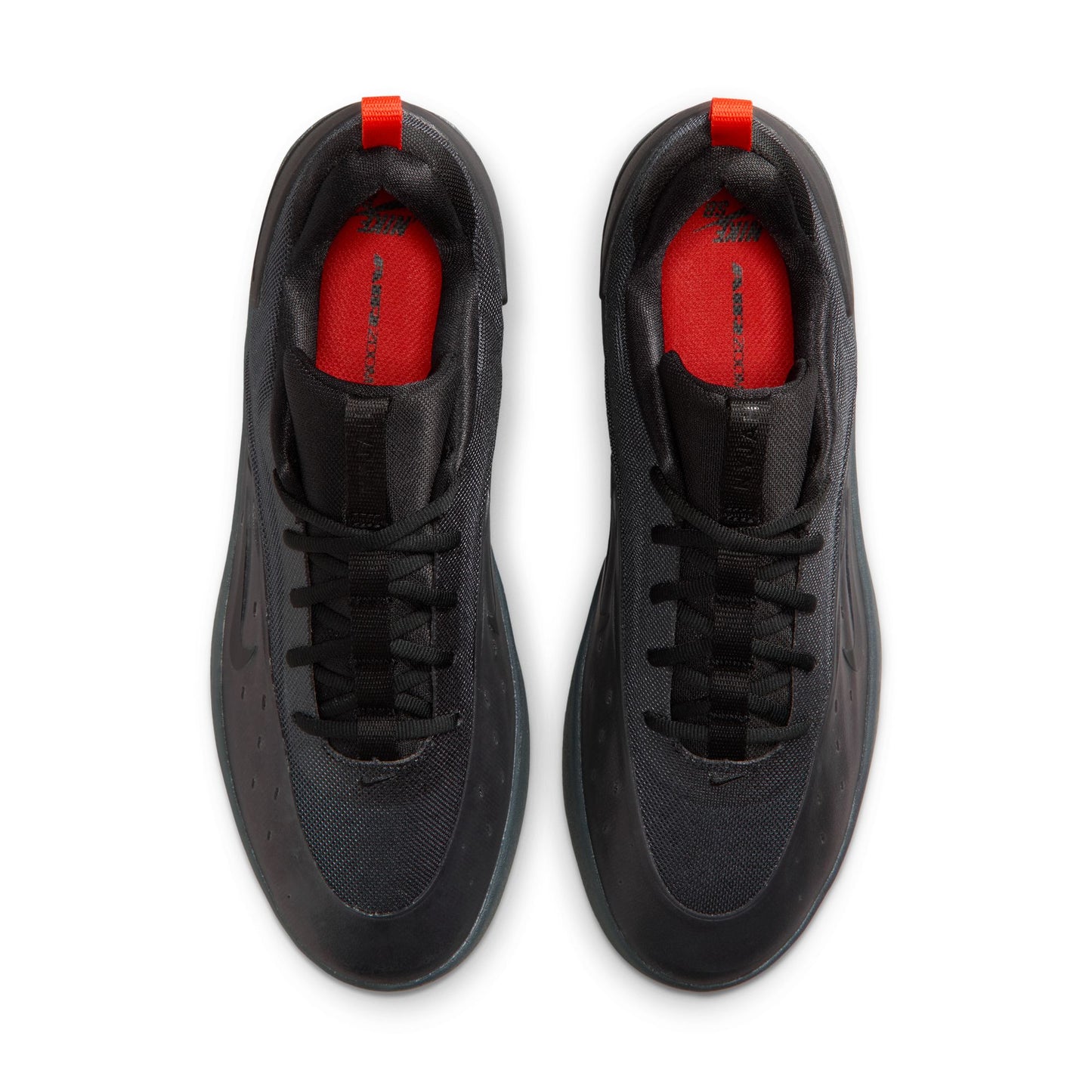overhead view of two nike sb nyjah 4 skateboard shoe in black, on a white background