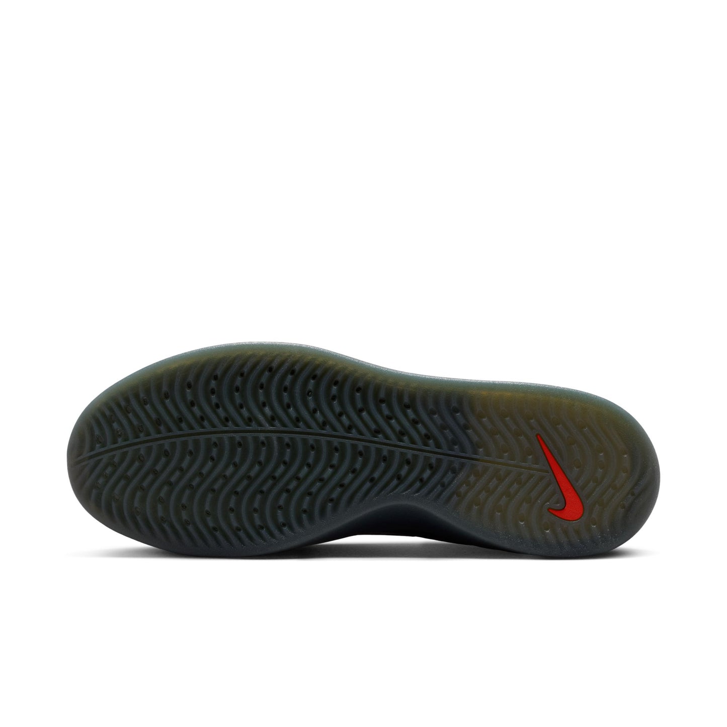 view of translucent black rubber outsole wit red nike swoosh on heel of sole