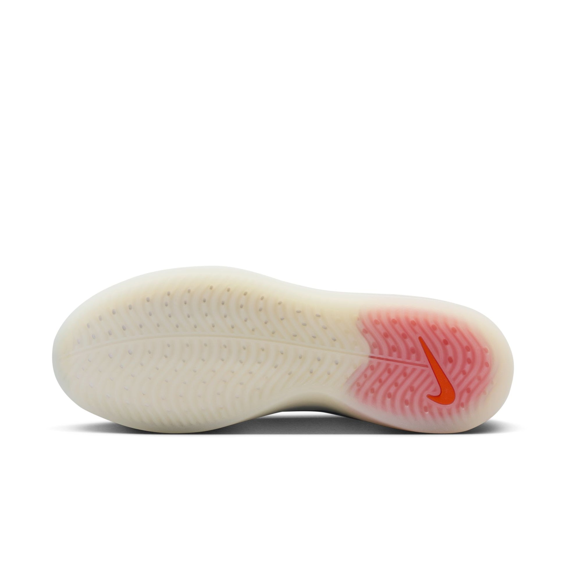 Sole of a shoe with a red Nike logo on a white background